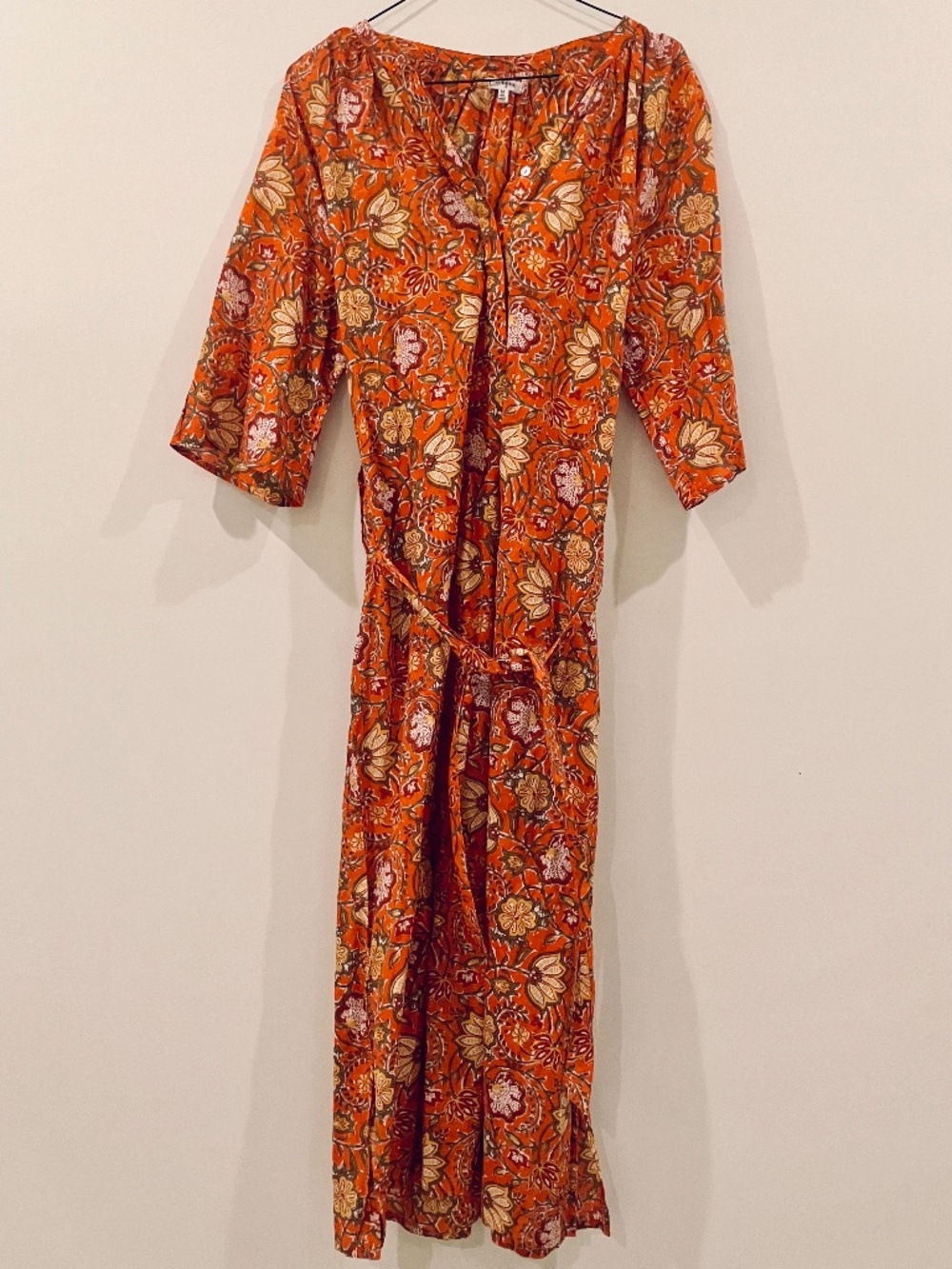 Maisie Tropical Cotton Floral Orange Button-Up Shirtdress with Pockets M